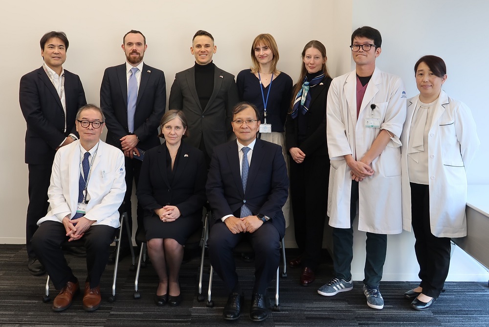 group photo (front from left) Dr Seto, Prof Chappell, Dr Nakagama (back from left) Dr Nakamura, DHSC David Linberry, British Embassy Azrael Grey, Department of International Clinical Development Celia St Clair, British Embassy Marie-Louise Taylor, Dr Arakawa, Dr Tao